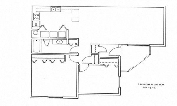 Floor plan for 2 beds, 1 bath, 958 sqft